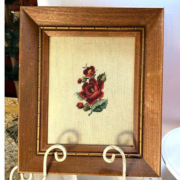 none Other - Beautiful vintage framed rose needlepoint; 1964 - ready to hang